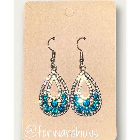 Bundle Sale 3 for $15 | Dangle Silver Tone | Blue Rhinestone Earrings - Picture 4 of 7